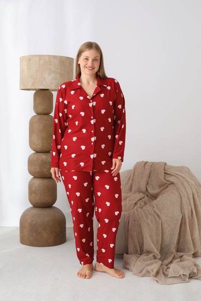 SEBOTEKS Buttoned Heart Patterned Suede Fabric Plus Size Women's Pajama Set 555