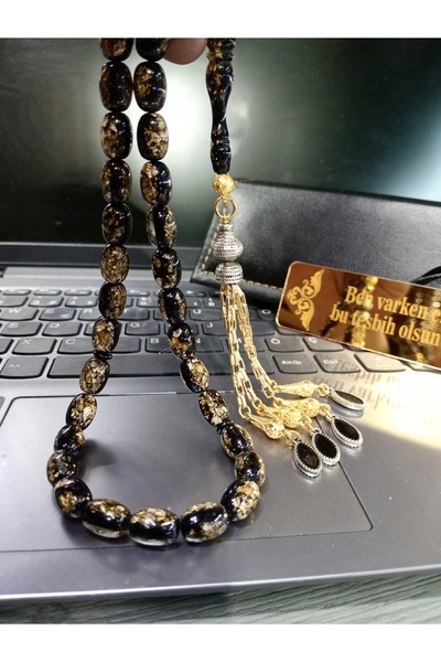 Doğaltaş Tesbihler Altın tozu tasarlanmış kehribar tesbıh gümüş altın kaplama...