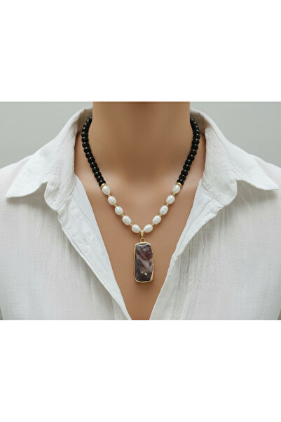 elinasaccessories Doğal İnci Onyx Taşlı El Yapımı İnci Sarkıt Kolye 14K Kapla...