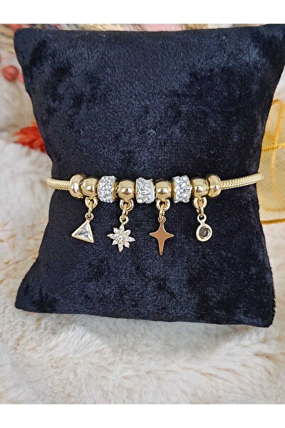 Tuel Gold Detaylı Çiçek Temalı Charm Çelik Bileklik