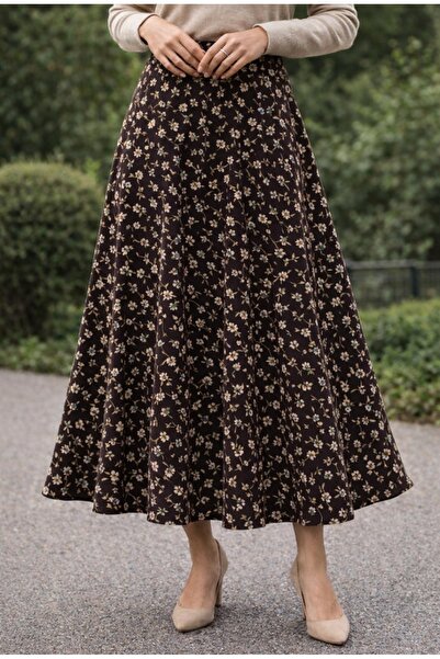 Eslemi âlâ tesettür GABARDİN KUMAŞ ÇİÇEKLİ ETEK TAM BOY BELİ LASTİKLİ