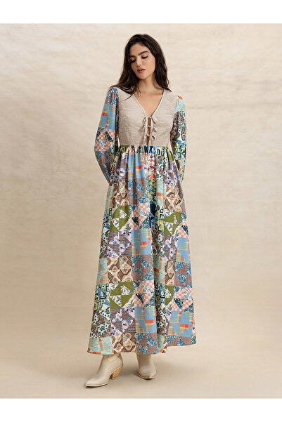 Take Two By Styli Women's Floral Printed Tie-Up Front V Neck Patchwork Detail...