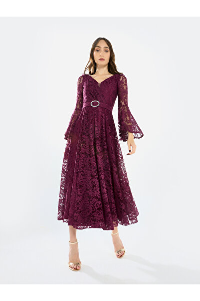 House of Moda By Styli Women Lace Flare Sleeve Midi Dress