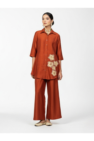 WineRed By Styli Women Embroidered Shirt and Wide Leg Trousers Co-ords