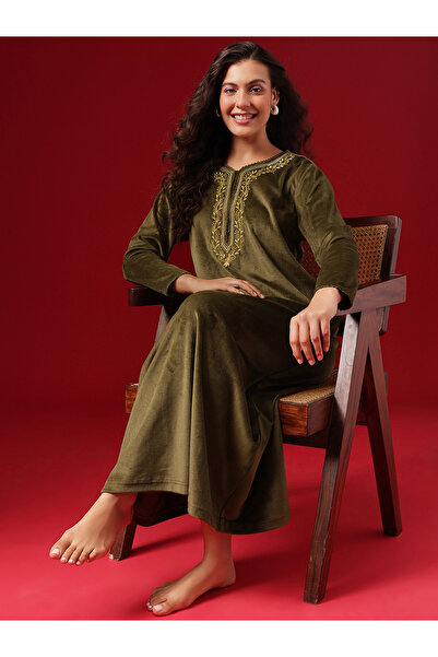 Clovia By Styli Women Olive Green Velvet Look Nightdress