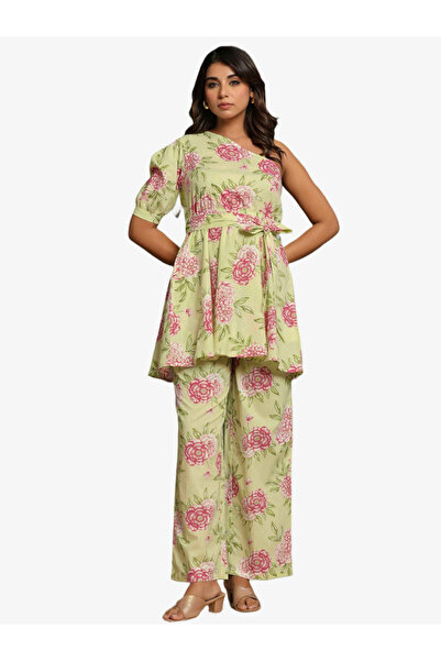 KASYA By Styli Women Green Printed Pure Cotton Tunic and Pants Co-Ords