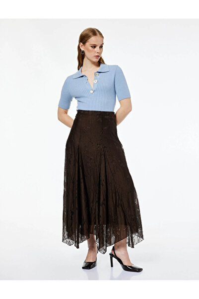 Koton تنورة نسائية بنية اللون بقصة غير متماثلة ودانتيل 6WAK10294EK