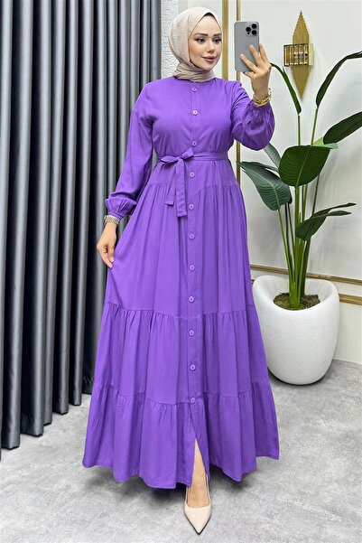 MODA Önden Düğmeli Viskon Elbise LİLA - LİLA - 50