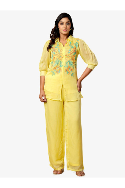 KASYA By Styli Women Yellow Embroidered Organza Top and Pants Co-Ords