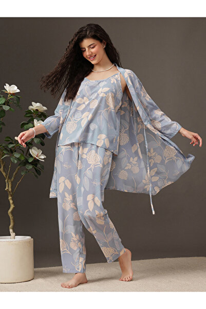 Clovia By Styli Pack of 3 - Floral Satin Cami, Robe and Pyjama