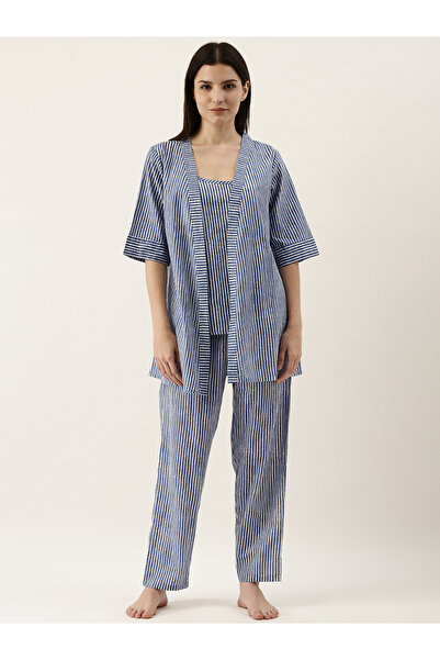 Sanskrutihomes By Styli Set of 3 - Striped Cotton Kimono, Cami and Pants Co-Ords