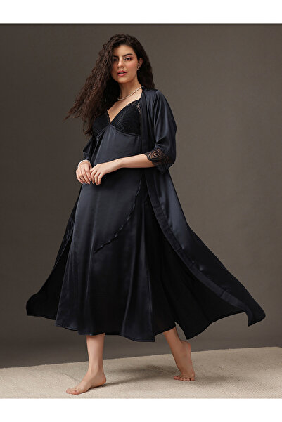 Clovia By Styli Women Black Satin Nightdress with Robe Set