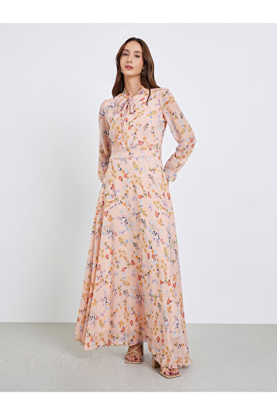 Take Two By Styli Women Floral Printed Tie-up Neck Elastic Cuff Maxi Dress