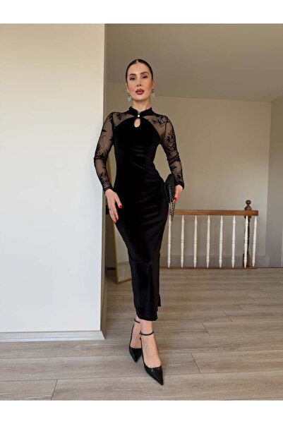 YK FASHION Dantel Detaylı Kadife Elbise