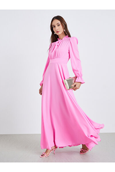 Take Two By Styli Women Pink Tie-up Neck Pleated Maxi Dress