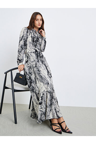 Take Two By Styli Women Printed Tie-up Neck Long Sleeve Maxi Dress