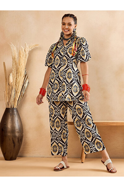 WineRed By Styli Women Black Geometric Print Tunic with Trousers Co-Ords