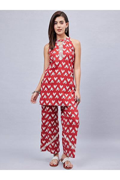 WineRed By Styli Women Longline Printed Top and Pants Co-ords