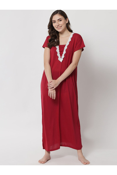 KLAMOTTEN By Styli Women Maroon Lace Trim Nightdress
