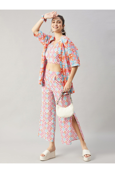 WineRed By Styli Set of 3 - Geo Print Cami, Shirt and Pants Co-Ords