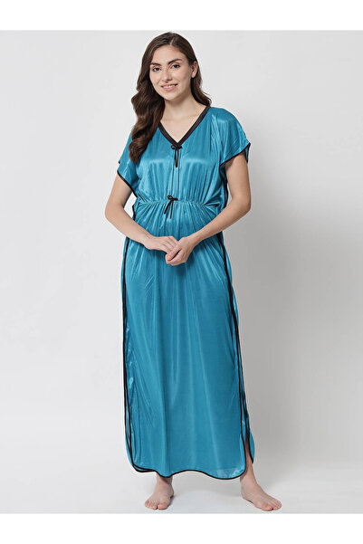 KLAMOTTEN By Styli Women Blue Satin Kaftan Nightdress