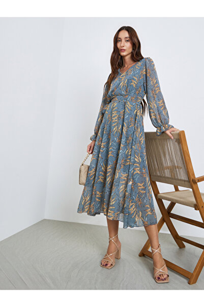 Take Two By Styli Women Leaf Printed V-Neck Elastic Cuff Midi Dress