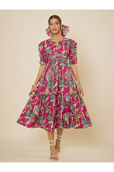 WineRed By Styli Women Tropical Print Tiered Midi Dress