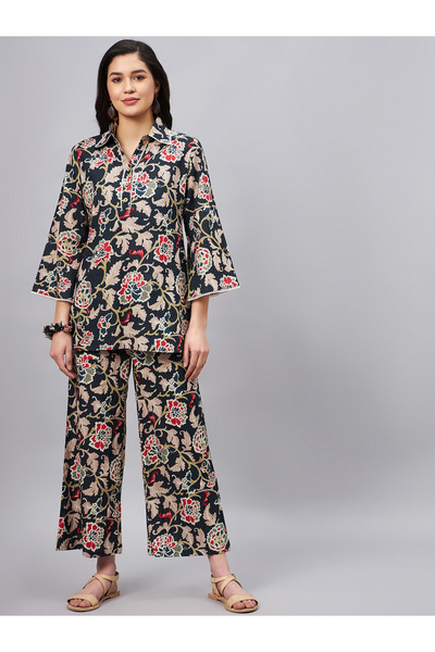 WineRed By Styli Woman Floral Print Longline Shirt, Scrunchie and Pants Co-Ords