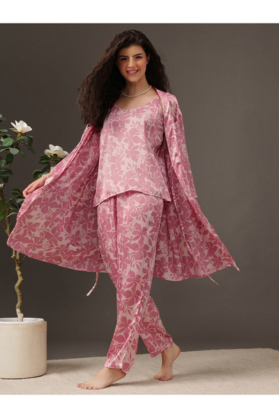 Clovia By Styli Pack of 3 - Floral Satin Cami, Robe and Pyjama