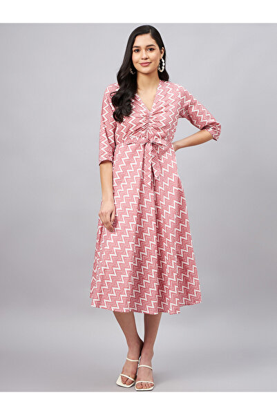 WineRed By Styli Women Pink Zigzag Print Front Knot Midi Dress