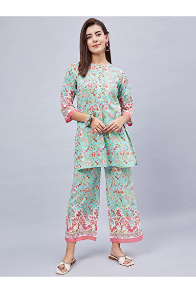 WineRed By Styli Women Green Printed Tunic with Trousers Co-Ords