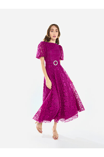 House of Moda By Styli Women Floral Lace Puff Sleeve Midi Dress