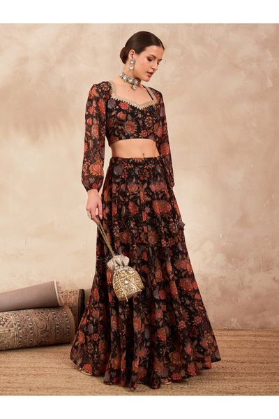 Sassafras By Styli Women Black Floral Crop Top with Anarkali Skirt Set