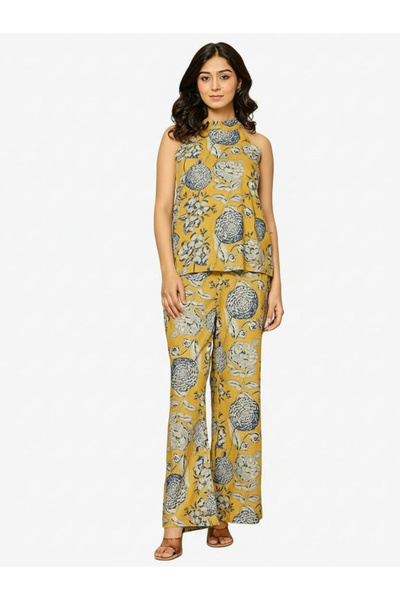 KASYA By Styli Women Yellow Viscose Printed Top and Pants Co-Ords