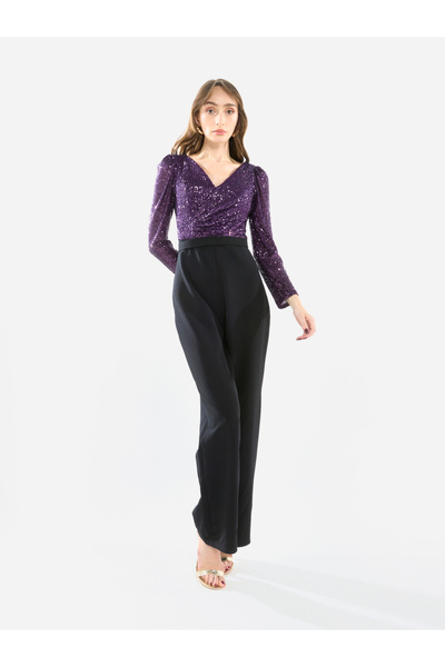 House of Moda By Styli Women V Neck Sequin Wrap Bodice Jumpsuit