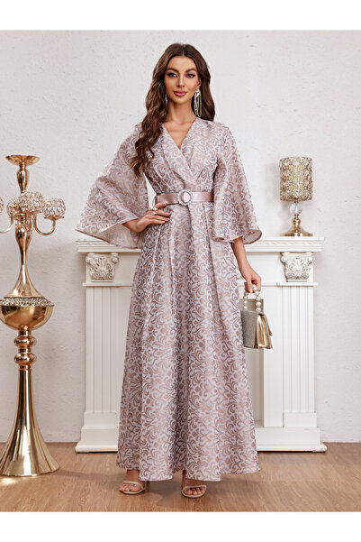 Take Two By Styli Women Graphic Print Bell Sleeve Belted Maxi Dress