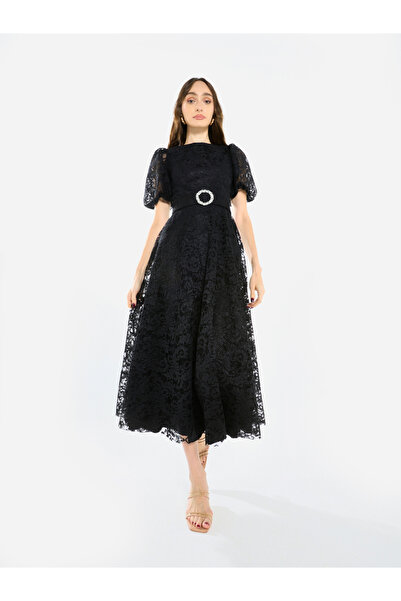 House of Moda By Styli Women Floral Lace Puff Sleeve Midi Dress