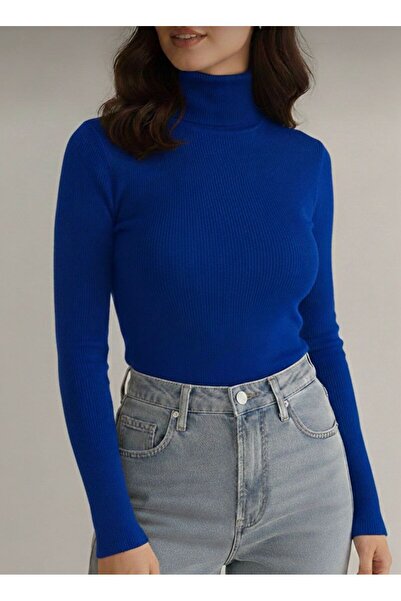 VALERO Women's Blue Corded Fabric Turtleneck Cotton High Neck Sweater