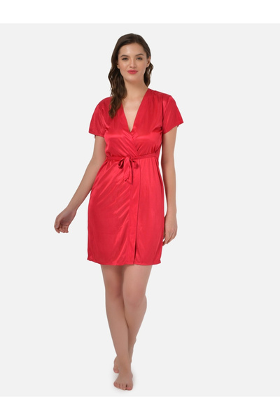 KLAMOTTEN By Styli Women Red Satin Short Sleeve Robe