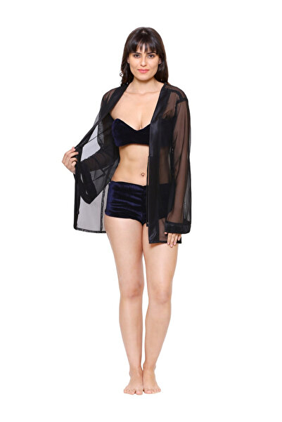 KLAMOTTEN By Styli Women Navy Blue Bikini and Sheer Robe Set