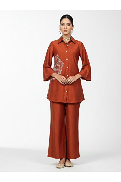 WineRed By Styli Women Embroidered Shirt and Wide Leg Trousers Co-ords