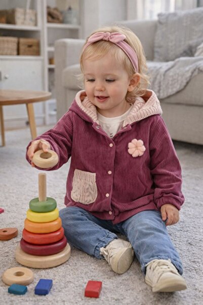 ZEYD ÇOCUK GİYİM TRİKO KAPŞONLU FİTİLLİ KADİFE KIZ 3LÜ BEBEK TAKIMI