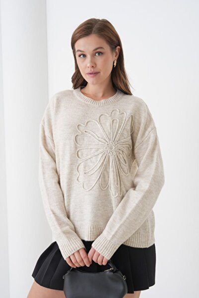 mysimy Women's Circular Neck Patterned Embroidered Soft Textured Knitwear Swe...