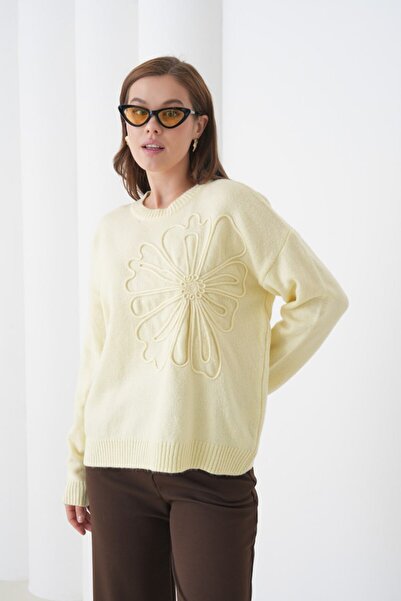 mysimy Women's Circular Neck Patterned Embroidered Soft Textured Knitwear Swe...