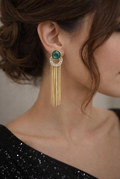 MİHRES أقراط ذهبية متدلية باللونين الأخضر والأزرق مع أحجار كريستالية
