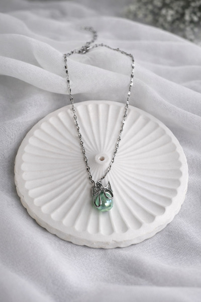 Melesh Bow Detail Water Green Ball Steel Necklace