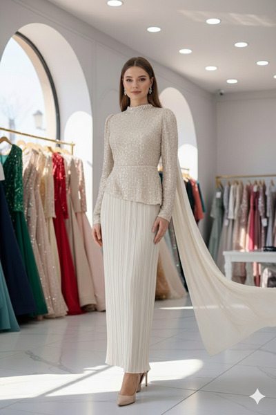 Aynur Tesettür Modest Wear Efnan Sequin Bottom Chiffon Fabric Dress Modest Ev...