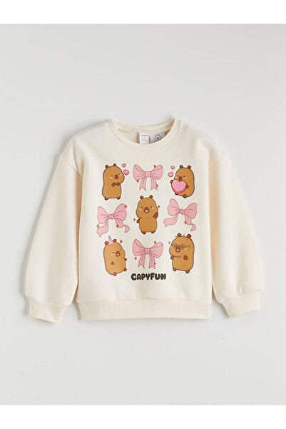 LC Waikiki For Girls Thick Sweatshirt with Crew Neck and a Charming CapyFun P...