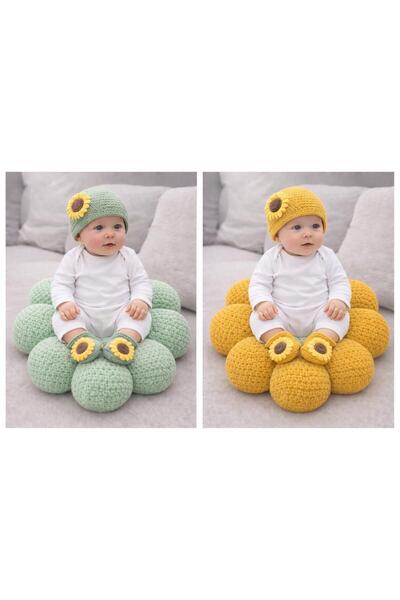 ELARAKNİTS HANDMADE Sunflower Detailed Hand-Knitted Baby Beanie & Booties Set...