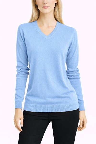 AJX TEKSTİL COMPANY Women's Blue V-Neck Basic Sweater